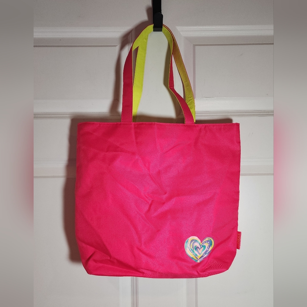 Clinique Pink Tote Bag with Heart Design Yellow Lining